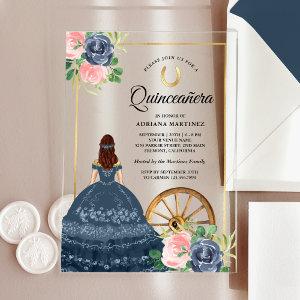 Navy Blue Floral Dress Charro Gold Quinceanera Acrylic