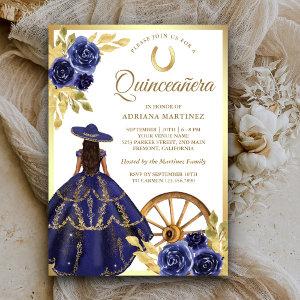Navy Blue Floral Dress Charro Gold Quinceanera