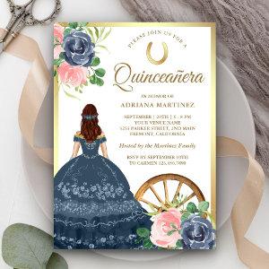 Navy Blue Floral Dress Charro Gold Quinceanera
