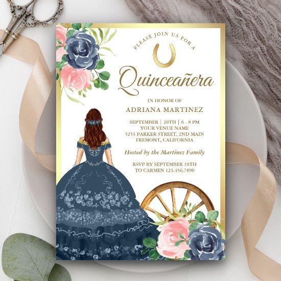 Navy Blue Floral Dress Charro Gold Quinceanera