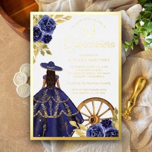 Navy Blue Floral Dress Charro Quinceanera Gold Foil