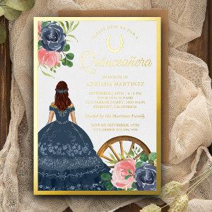 Navy Blue Floral Dress Charro Quinceanera Gold Foil