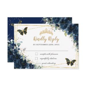 Navy Blue Floral Gold Butterfly Quinceañera Reply RSVP Card