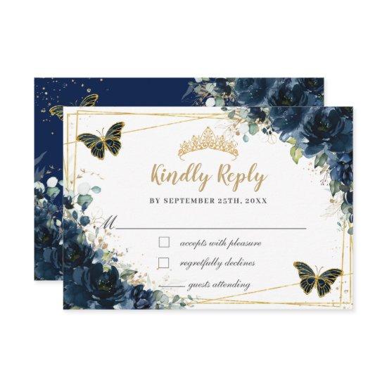 Navy Blue Floral Gold Butterfly Quinceañera Reply RSVP Card