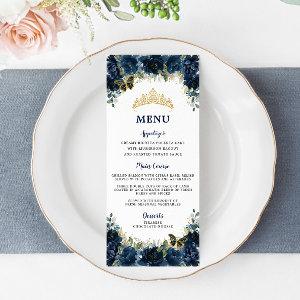 Navy Blue Floral Gold Quinceanera Birthday Menu