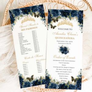 Navy Blue Floral Gold Quinceañera Order of Event Program