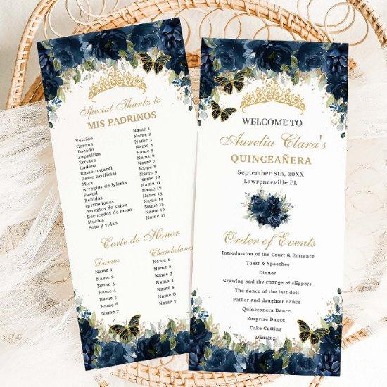 Navy Blue Floral Gold Quinceañera Order of Event Program