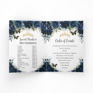 Navy Blue Floral Gold Quinceañera Order of Events Program