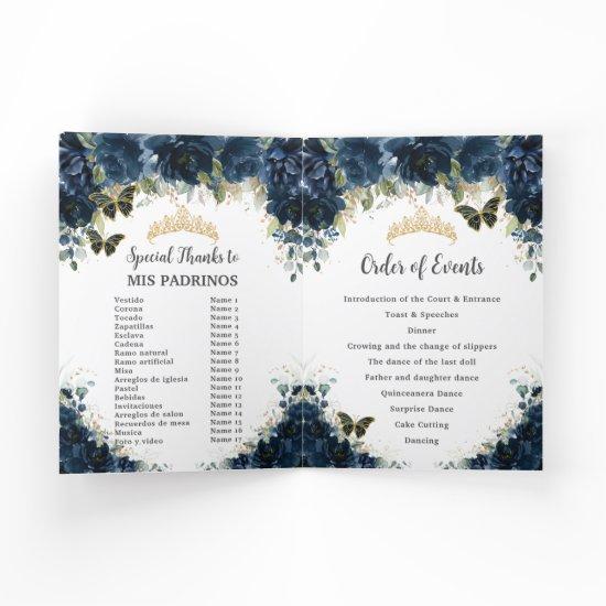 Navy Blue Floral Gold Quinceañera Order of Events Program
