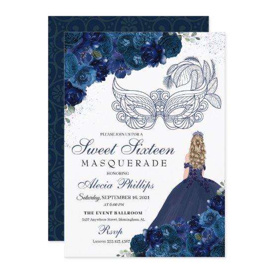 Navy Blue Floral Masquerade Sweet 16