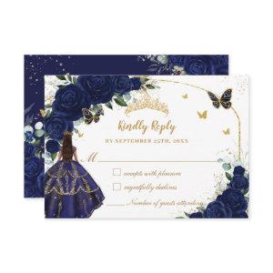 Navy Blue Floral Princess Dress Quinceañera XV 15 RSVP Card