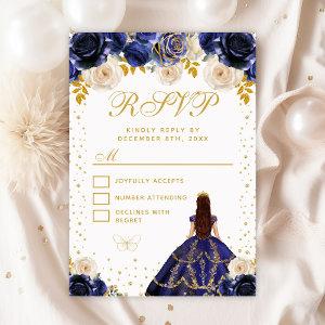 Navy Blue Floral Princess Quinceañera RSVP Card