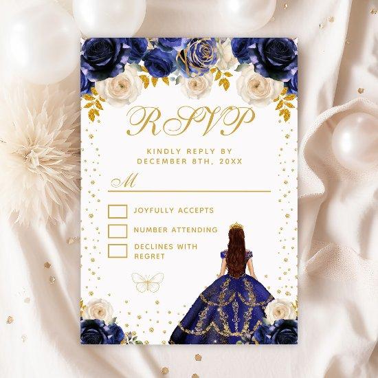Navy Blue Floral Princess Quinceañera RSVP Card