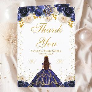 Navy Blue Floral Princess Quinceañera Thank You Card