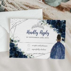 Navy Blue Floral Princess Silver Quinceañera Reply RSVP Card