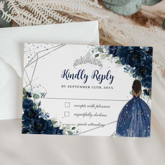 Navy Blue Floral Princess Silver Quinceañera Reply RSVP Card