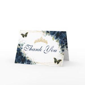 Navy Blue Floral Quinceañera Birthday Butterflies Thank You Card