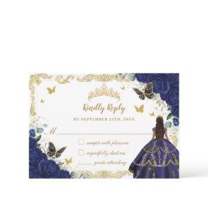 Navy Blue Floral Quinceañera Princess Crown Gold  RSVP Card
