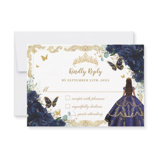 Navy Blue Floral Quinceañera Princess Dress Gold  RSVP Card
