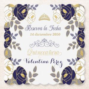 Navy Blue Floral Quinceanera Spanish Save the Date Paper Coaster