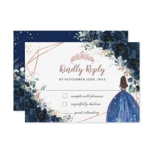 Navy Blue Floral Rose Gold Princess Quinceañera  RSVP Card