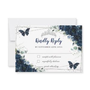 Navy Blue Floral Silver Butterflies Quinceañera RSVP Card
