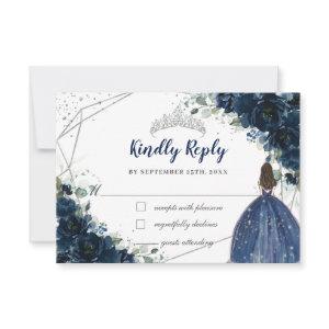 Navy Blue Floral Silver Princess Quinceañera Reply RSVP Card