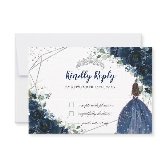 Navy Blue Floral Silver Princess Quinceañera Reply RSVP Card