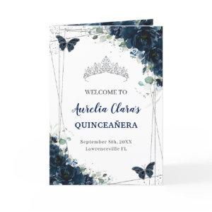 Navy Blue Floral Silver Quinceañera Order of Event Program