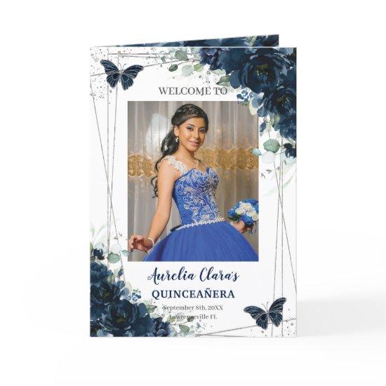 Navy Blue Floral Silver Quinceañera Order of Event Program