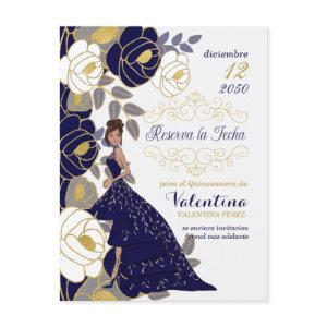Navy Blue Floral Spanish Quincanera Save the Date Announcement Postcard