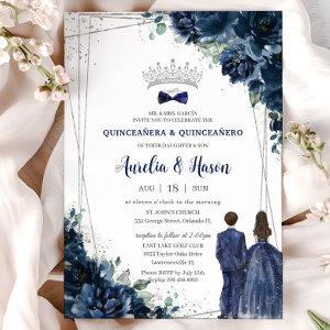 Navy Blue Floral Twins Boy Girl Silver Quinceañera