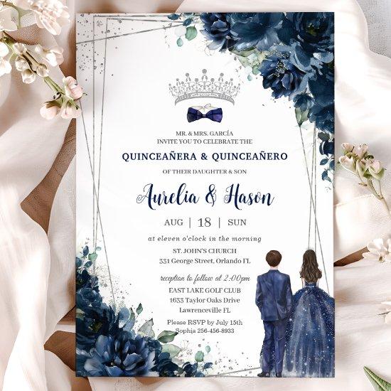 Navy Blue Floral Twins Boy Girl Silver Quinceañera