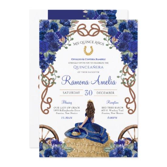Navy Blue Floral Western Charra Quinceañera