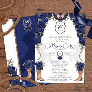 Navy Blue Floral Western Charro Quinceañera