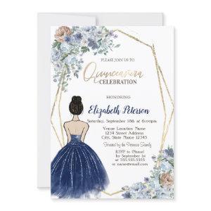 Navy Blue Glitter Dress, Blue Flowers Quinceanera