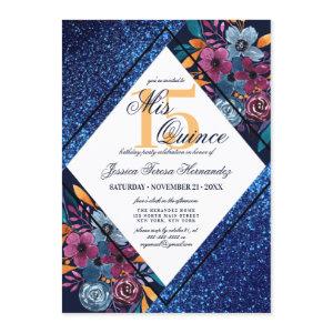 Navy Blue Glitter Floral Watercolor Mis Quince