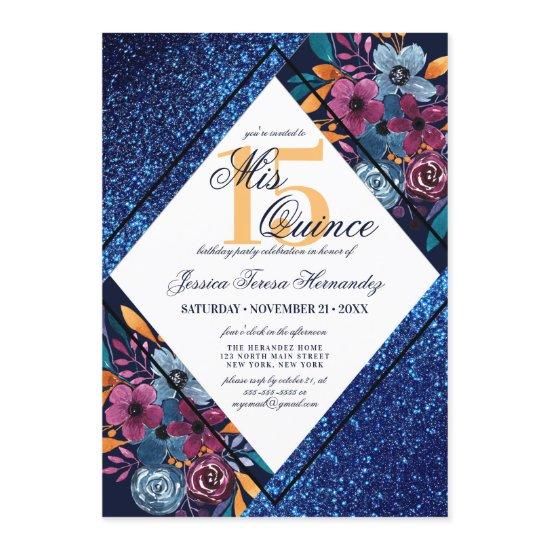 Navy Blue Glitter Floral Watercolor Mis Quince