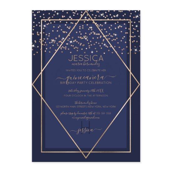 Navy Blue Gold Confetti Border Quinceañera