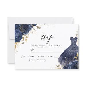 Navy Blue & Gold Dress Rose Birthday Bridal Shower RSVP Card