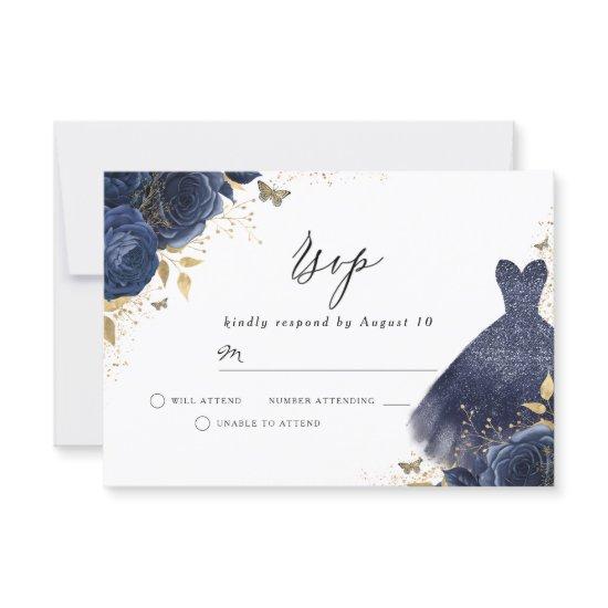 Navy Blue & Gold Dress Rose Birthday Bridal Shower RSVP Card