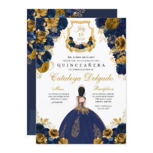 Navy Blue & Gold Floral Elegant Quinceañera