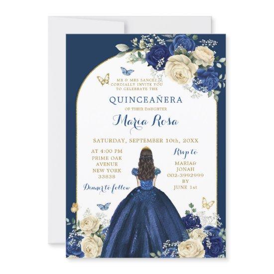 Navy Blue Gold Floral Princess Quinceañera