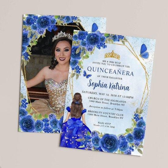 Navy Blue Gold Floral Princess Quinceañera Photo