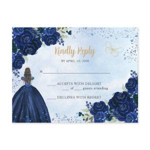 Navy Blue Gold Floral Princess Quinceañera RSVP Postcard