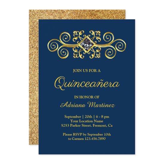 Navy Blue Gold Flourish Diamond Quinceanera
