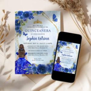 Navy Blue Gold Glitter Floral Princess Quinceañera
