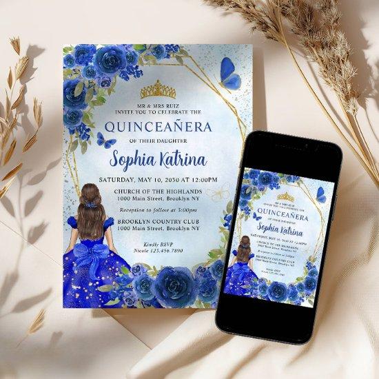 Navy Blue Gold Glitter Floral Princess Quinceañera