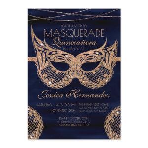 Navy Blue Gold Glitter Lace Masquerade Quinceañera
