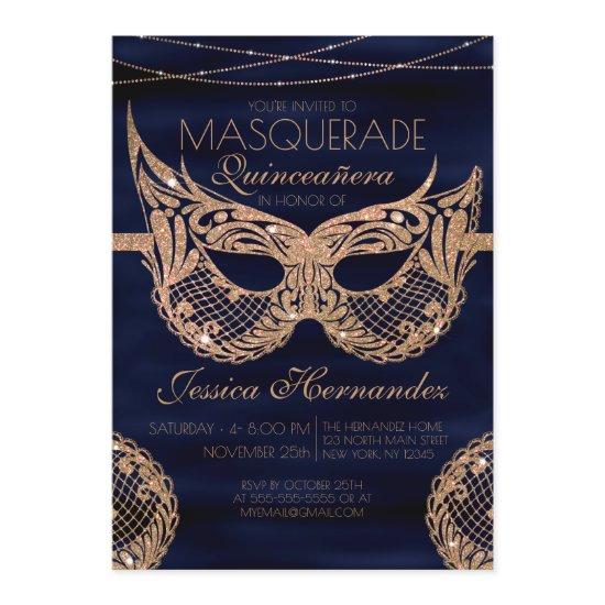 Navy Blue Gold Glitter Lace Masquerade Quinceañera
